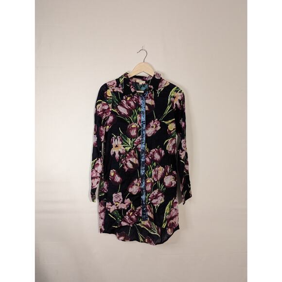 Oddi black floral button up collared button up long sleeve blouse womens small - Picture 1 of 5